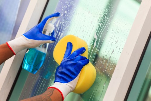 Cleaner in Westminster using safety equipment during a professional cleaning job